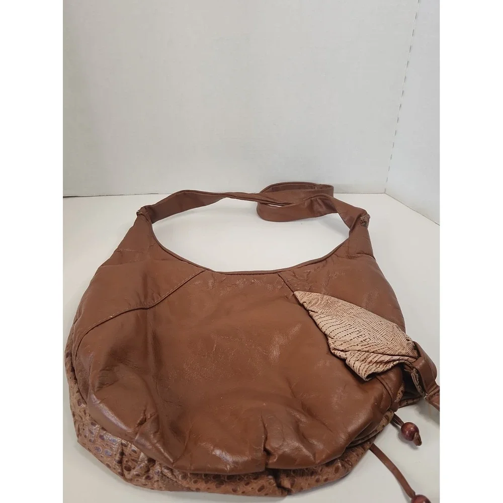 VTG Leather Boho Patchwork Hobo Bag Ostrich Embossed Tassel Shoulder Purse 70s